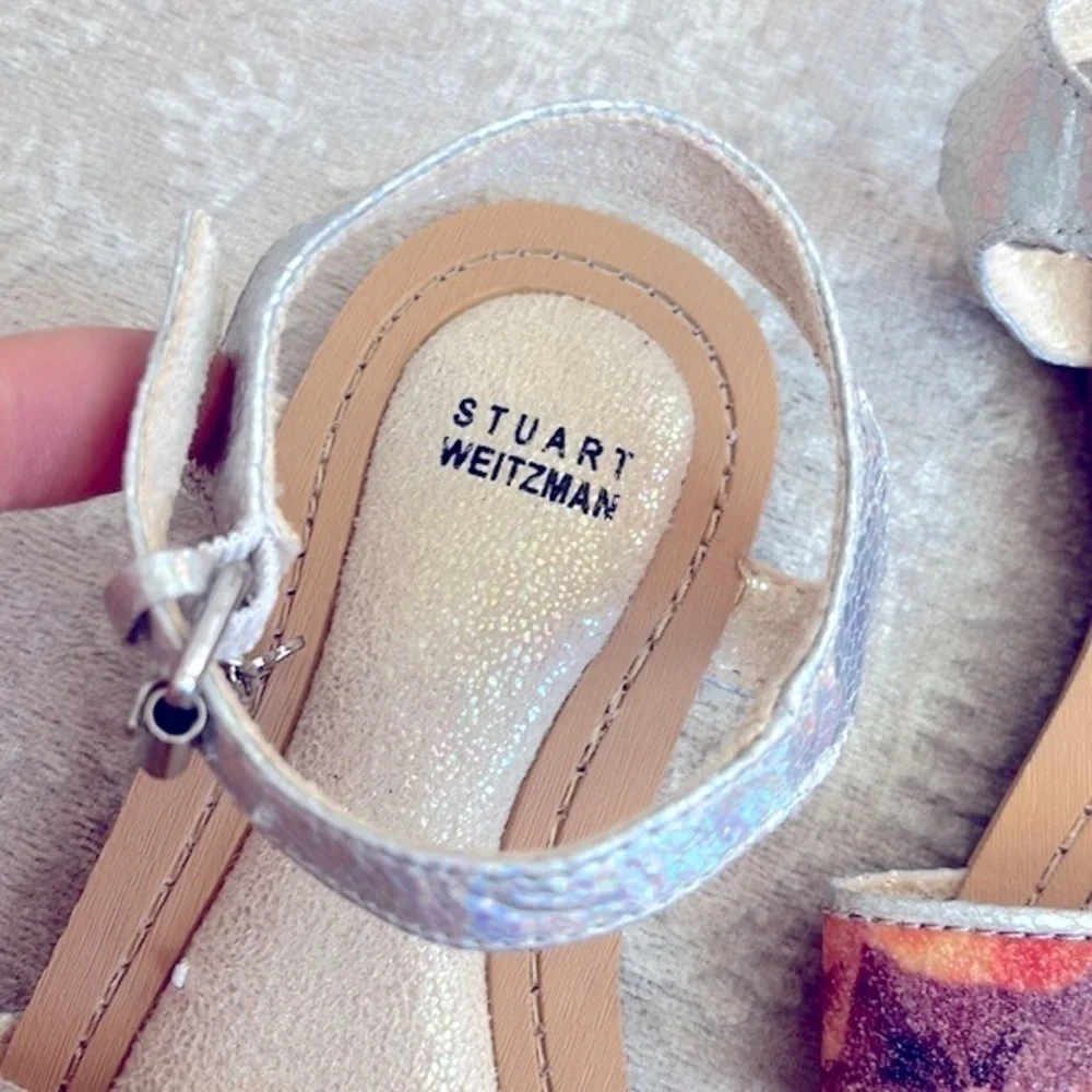 Brand New Stuart Weitzman Floral Metallic Iridescent Ankle Strap Sandals Heart